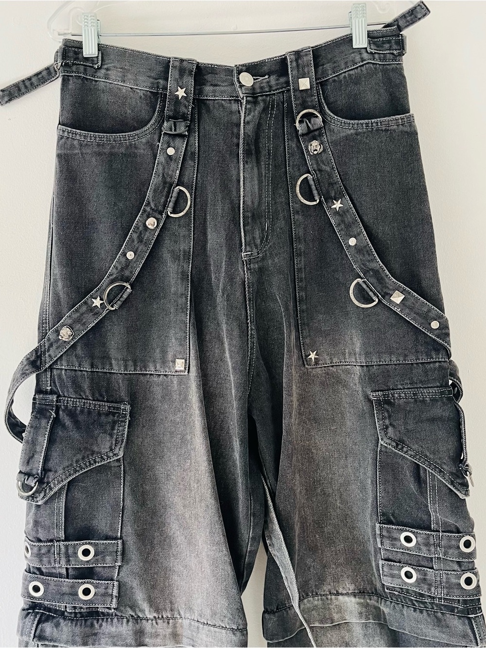 Size 28 Y2K Punk Rock Black Cargo Raver Pants – Distressed Baggy Denim Streetwea